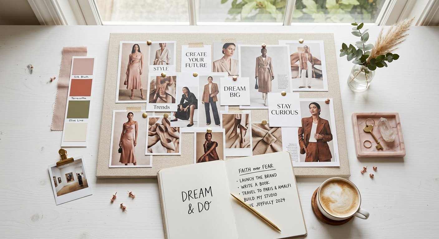 Flat lay of a vision board with fashion magazine clippings, colour swatches, a notebook with handwritten goals, and a cup of coffee on a white desk — creative, aspirational, feminine aesthetic