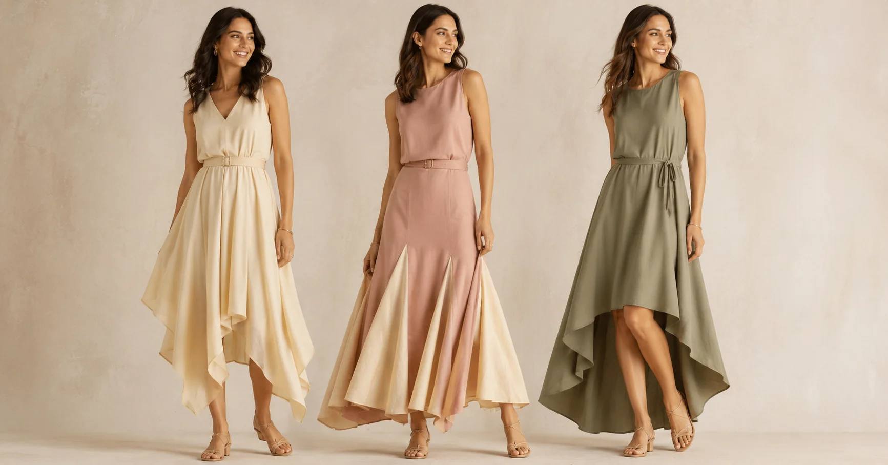 The three types of asymmetric hemlines explained — handkerchief hem, godet skirt, and high-low hem