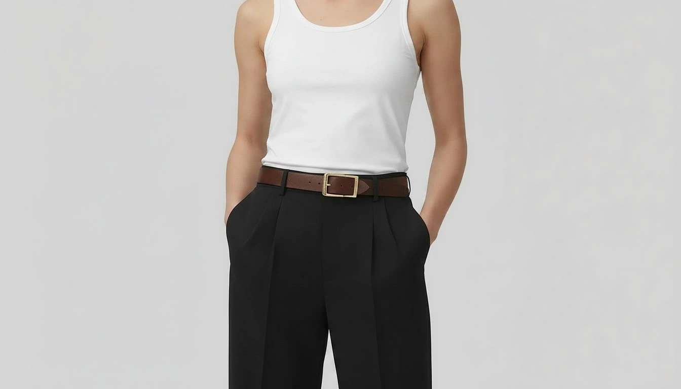 Barrel-leg trousers + a tucked tank + a statement leather belt
