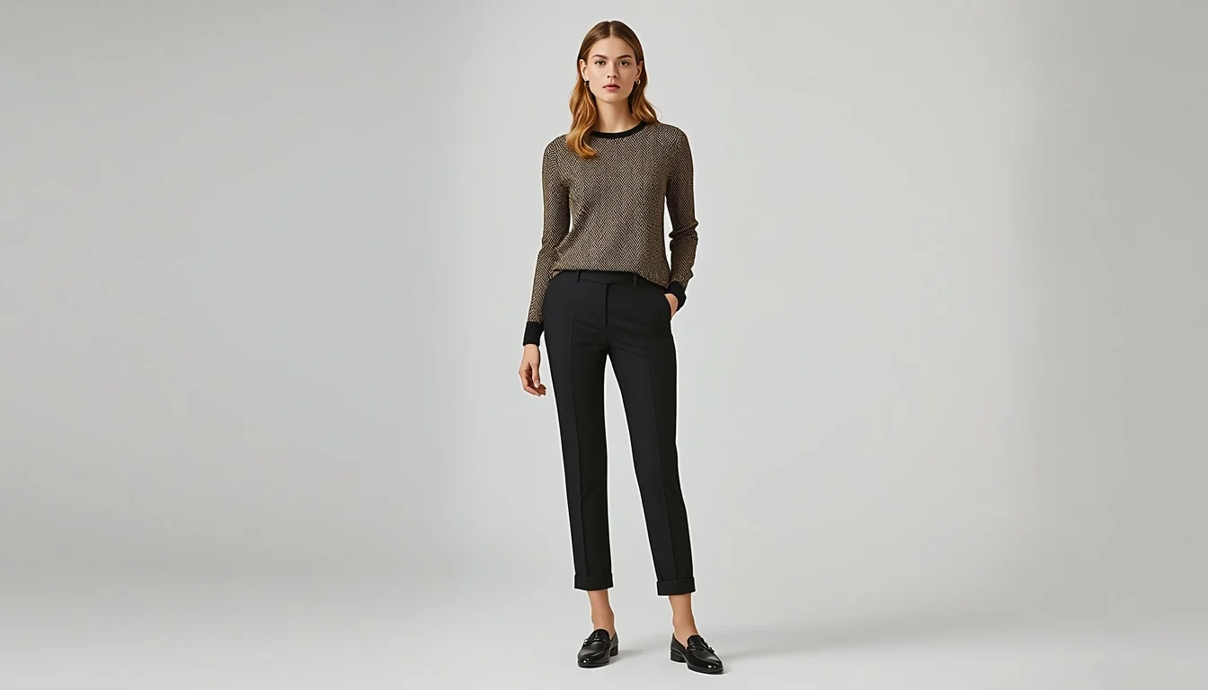 Barrel-leg trousers + fitted knit top + loafers