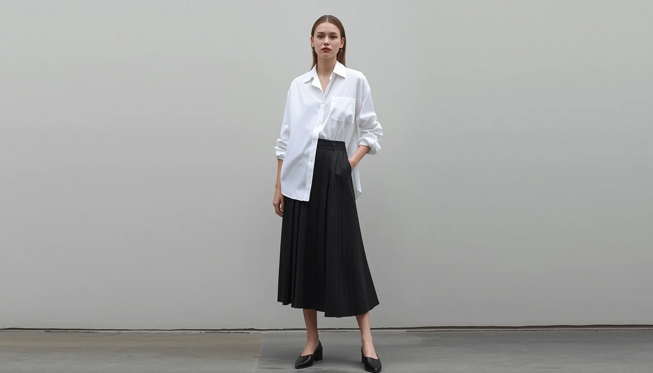 Column skirt + an oversized white button-down (untucked, sleeves rolled) + slingbacks