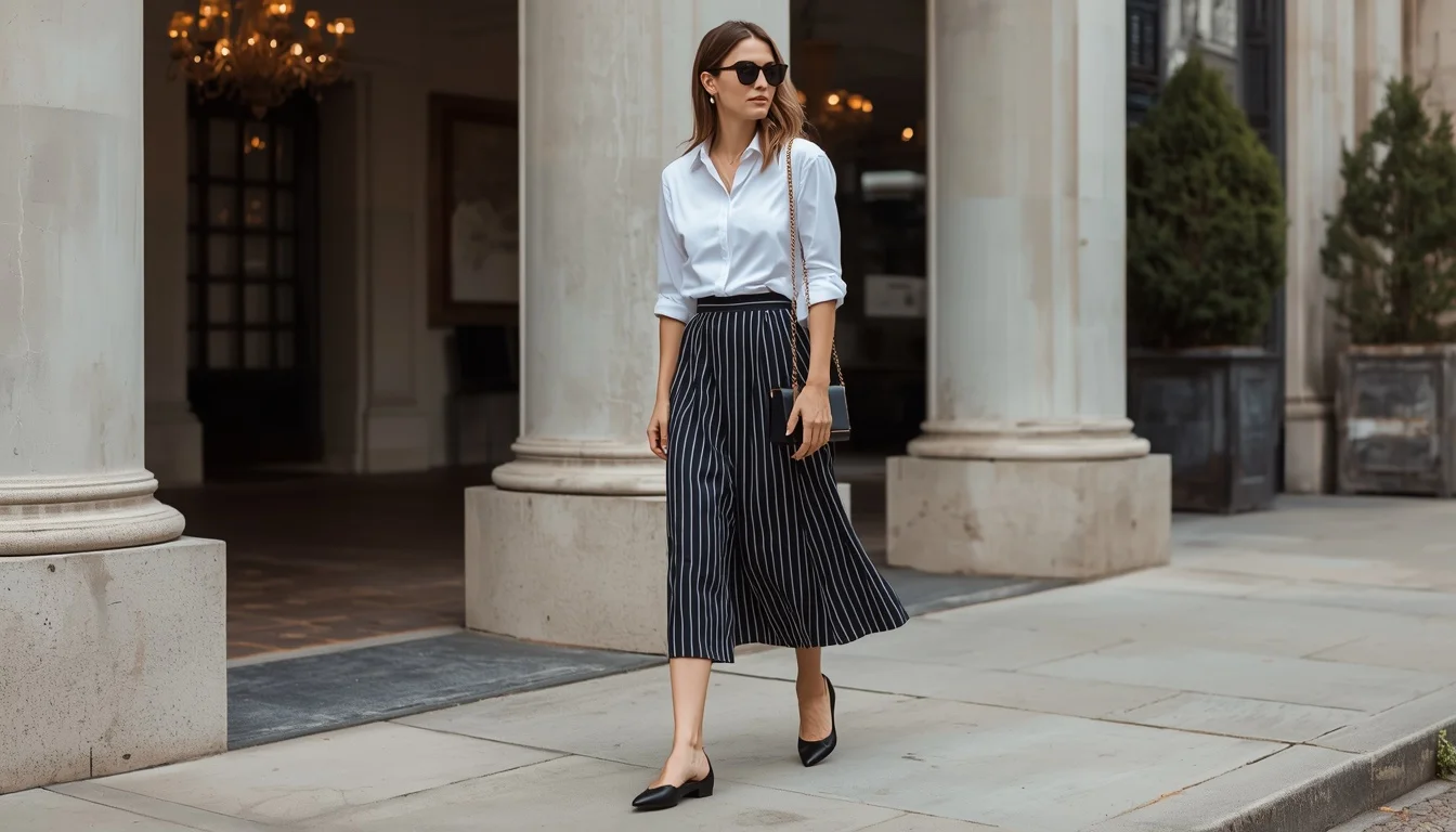 Column skirt + crisp white button-down + slingback flats