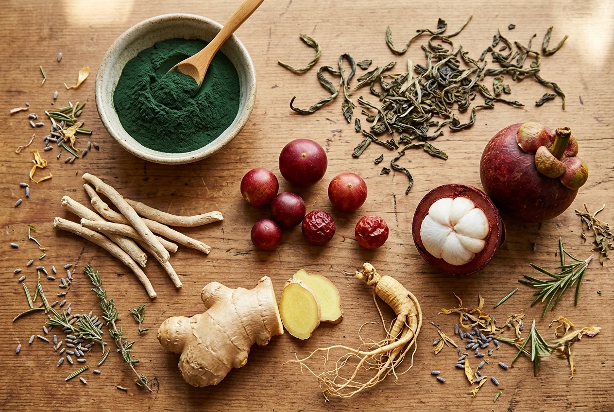 Nagano Tonic ingredients including camu camu, ashwagandha, spirulina and EGCG green tea extract