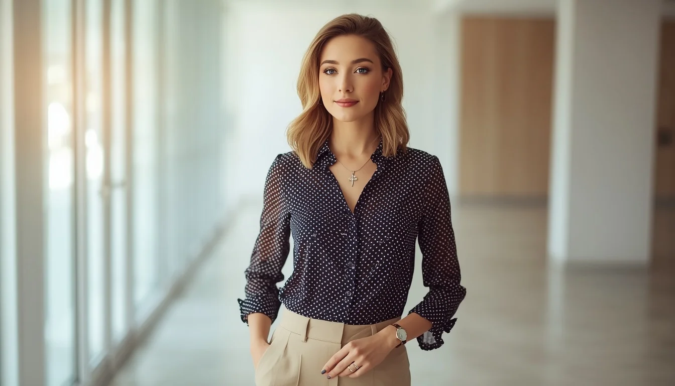 Polka dot blouse styled for work — office-appropriate outfit ideas for women in 2026