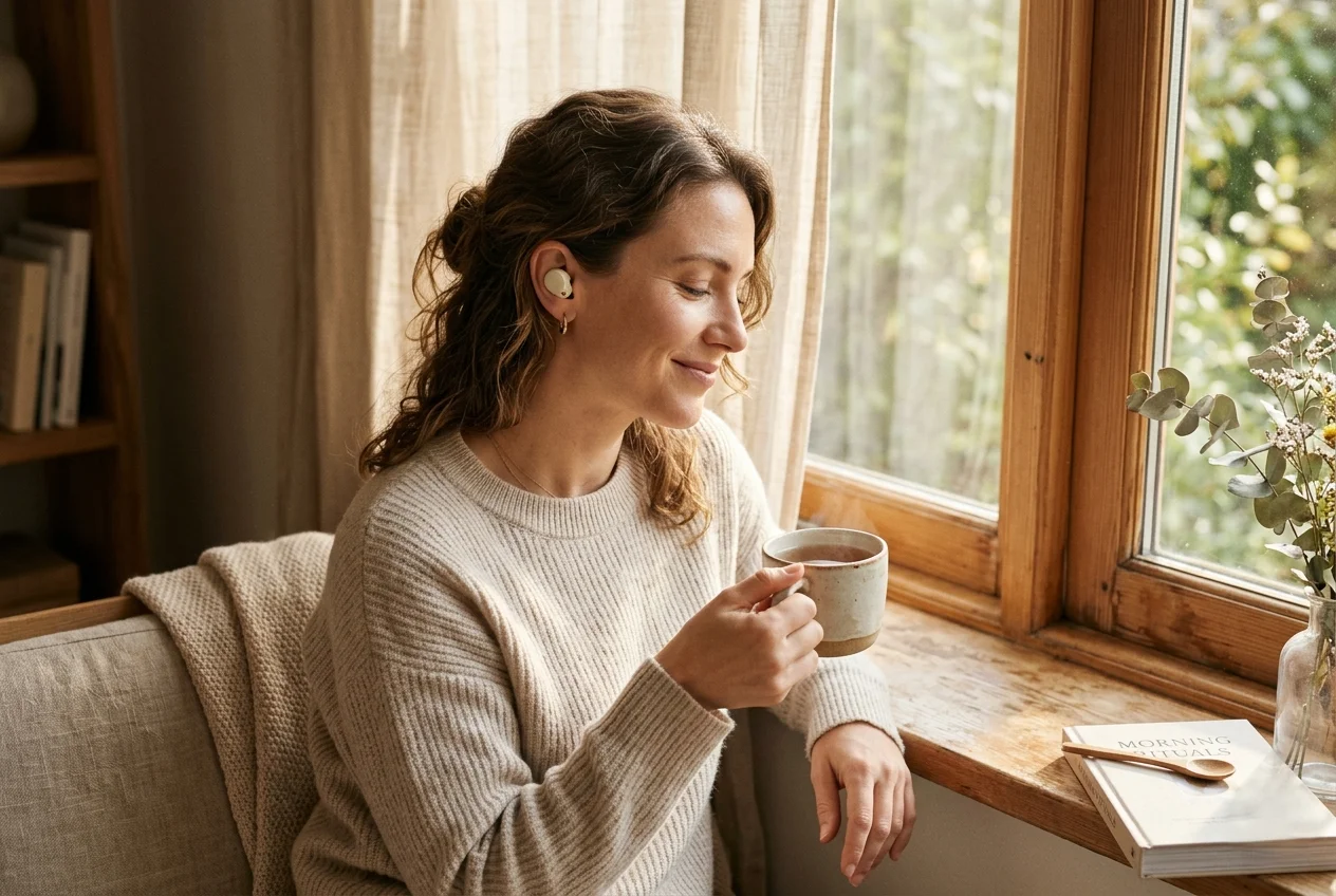Woman listening to a 7-minute daily brain training audio program as part of her morning routine