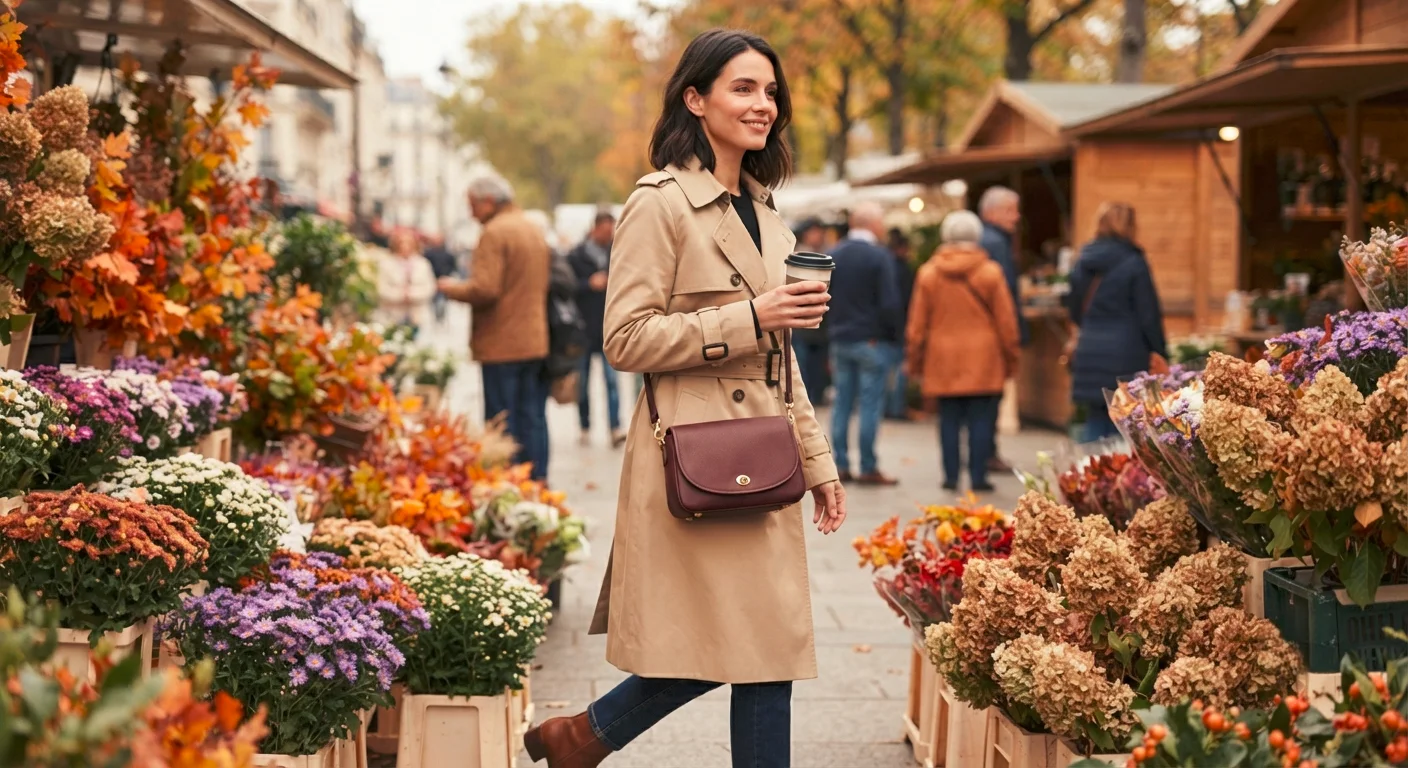 best crossbody bags for fall: a mini burgundy leather crossbody worn with a trench coat