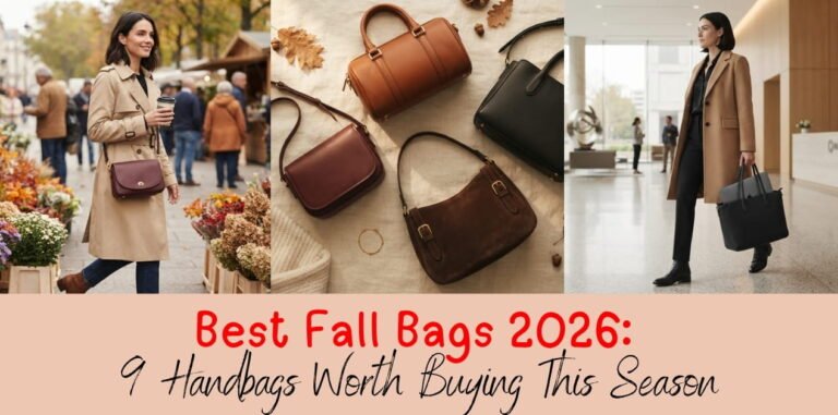 Best fall bags 2026 flat lay with a barrel bag, oversized tote, suede shoulder bag and mini crossbody