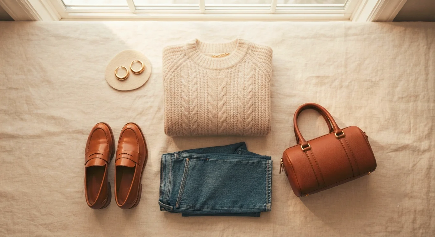 Best fall bags outfit idea: a leather barrel bag styled with a knit sweater, jeans and loafers