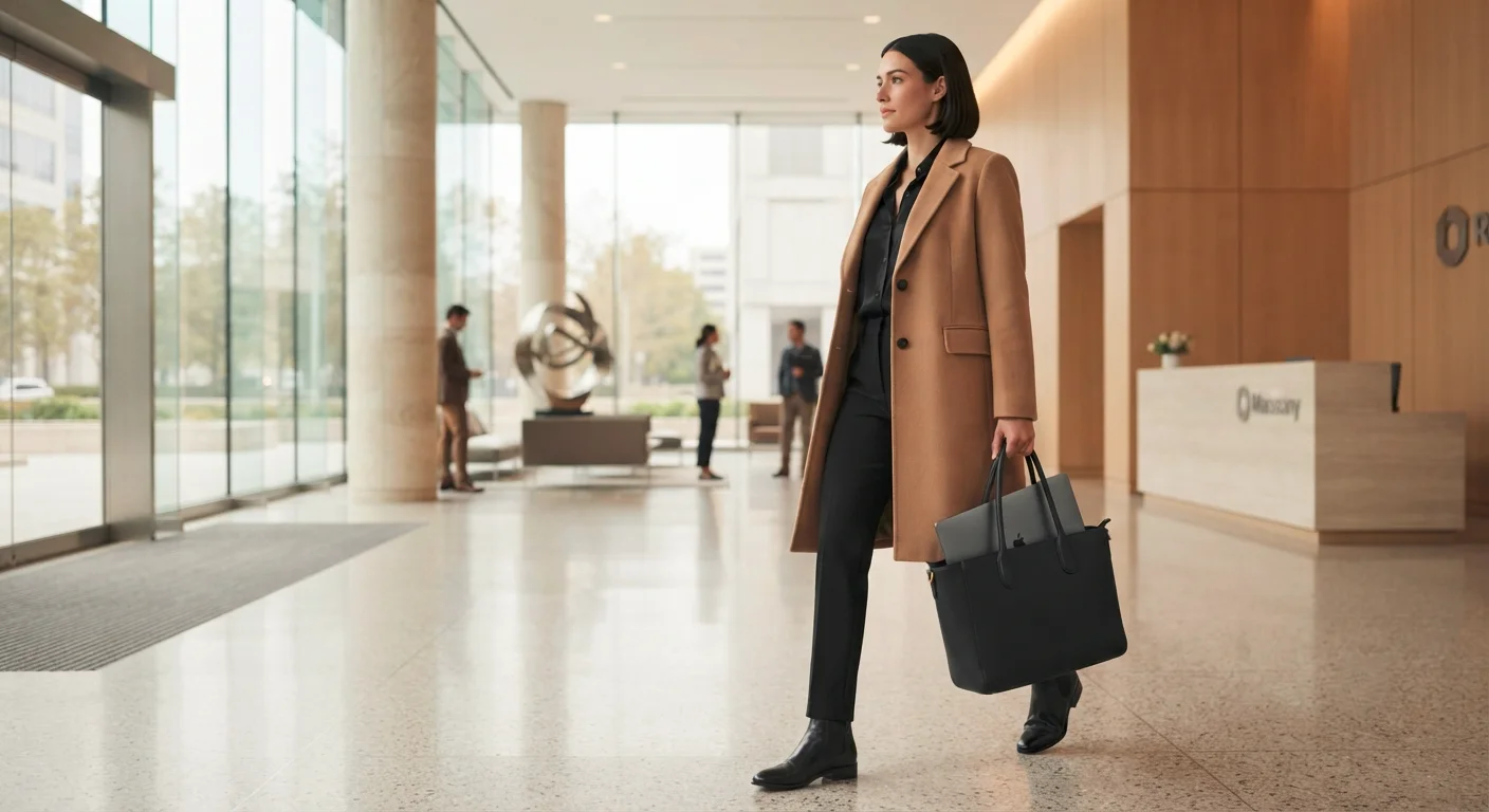 Best oversized tote for work in black structured leather with a laptop inside