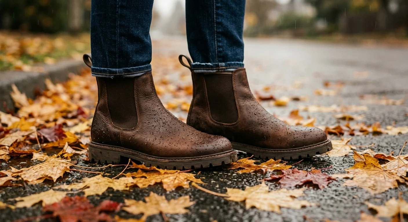 Best waterproof boots for women in Canada — brown leather lug sole Chelsea boots on wet autumn leaves