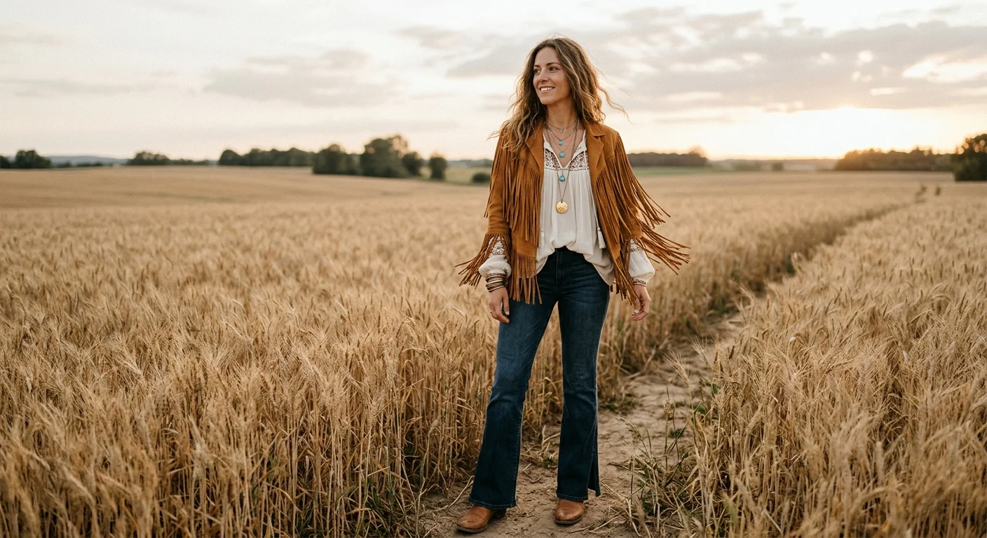 Boho harvest first day of autumn outfit with suede fringe jacket