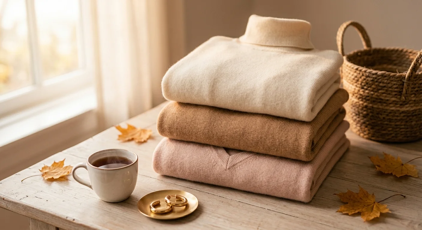 Canadian fashion brands for women — cashmere sweaters Canada in cream and camel folded with gold jewellery and autumn styling