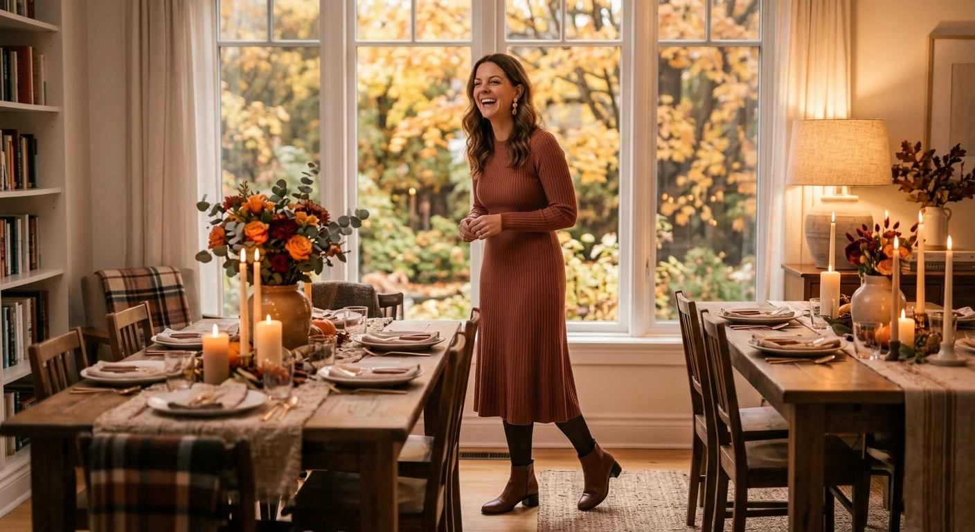Canadian Thanksgiving outfit ideas — soft knit dress, tights and block heel boots for a cosy October holiday gathering