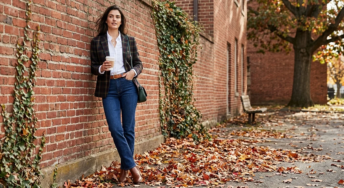 Classic preppy first day of autumn outfit with plaid blazer and denim