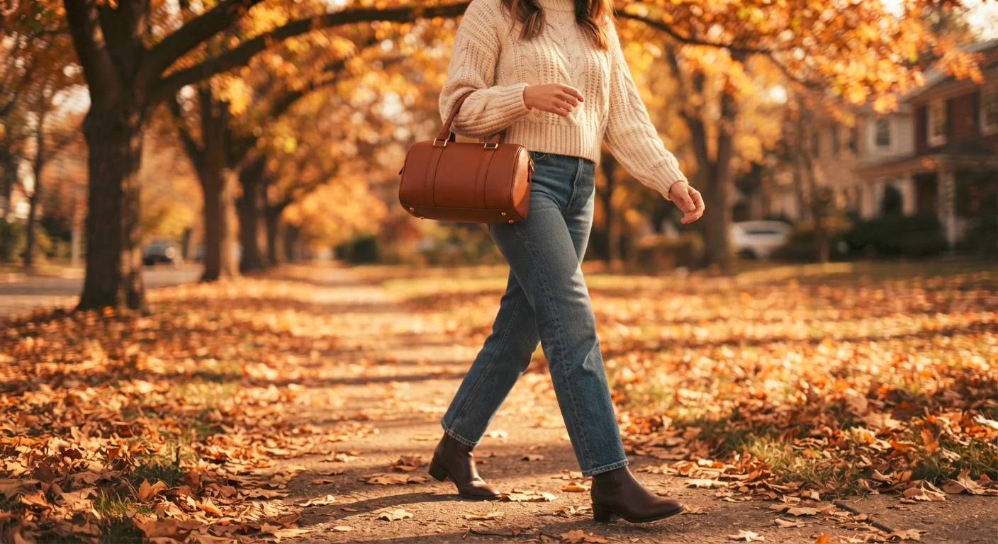 Barrel bag outfit ideas with a cognac leather barrel bag, jeans and cream sweater