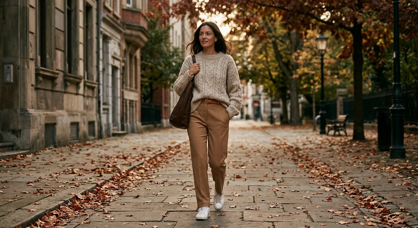 Cozy minimalist first day of autumn outfit with oversized sweater and trousers