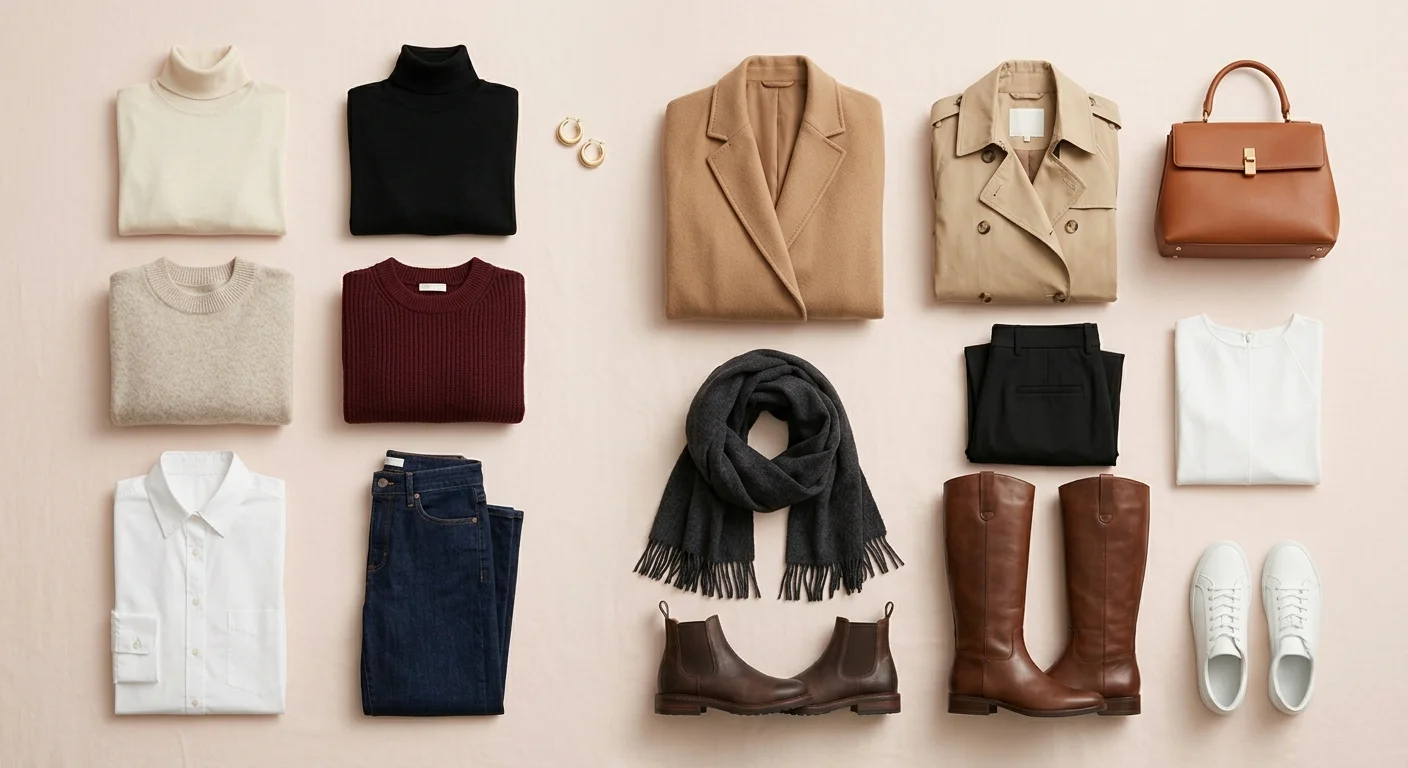 Fall capsule wardrobe Canada — cream, camel, charcoal and burgundy sweaters, coats and boots arranged for autumn layering