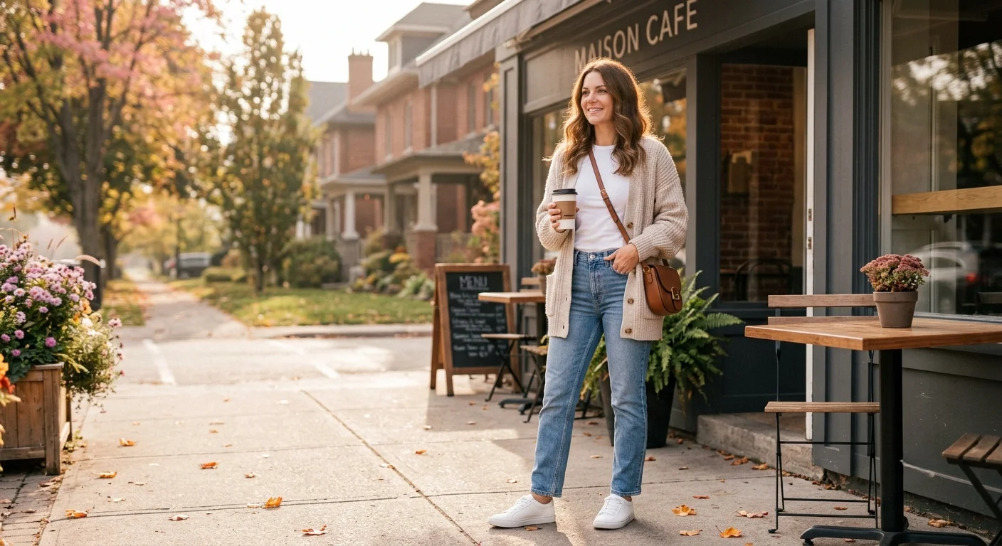 Transitional weather outfit for Canadian women — oversized cardigan, long sleeve tee and straight jeans for cold mornings and warm afternoons