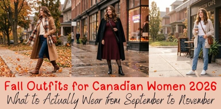 Fall outfits for Canadian women 2026 — woman in camel wool coat and brown boots walking through autumn leaves in Canada