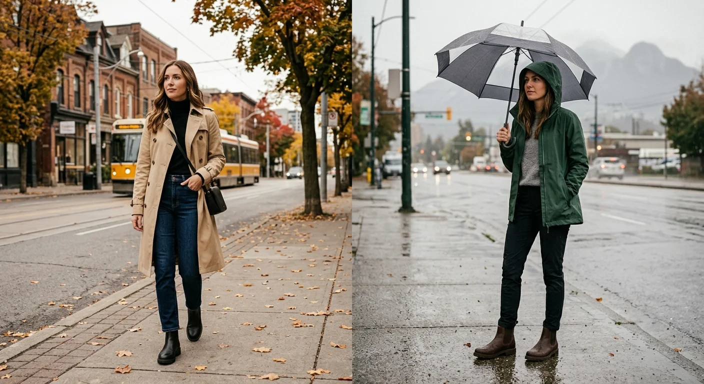 Fall outfits Toronto and Vancouver — trench coat city look and waterproof rain shell outfit for Canadian autumn weather