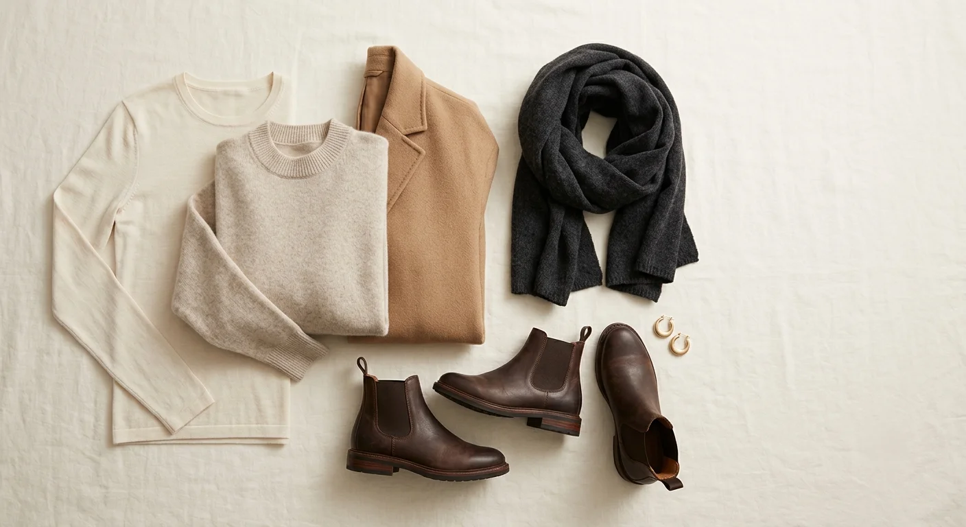 How to layer for 5 degree weather — three-layer outfit flat lay with merino base, cashmere sweater and wool coat for Canadian fall