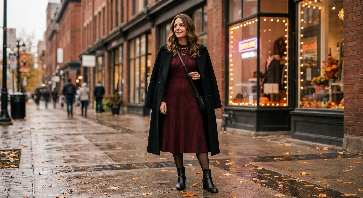October outfit ideas Canada — woman in burgundy knit midi dress, black tights and heeled ankle boots for autumn
