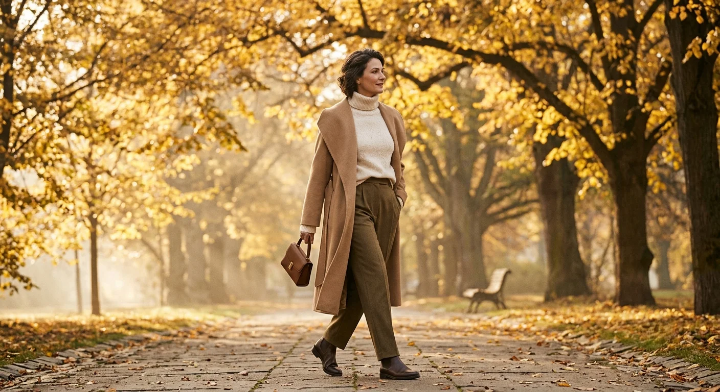 Old money autumn outfit idea with camel coat and tailored trousers