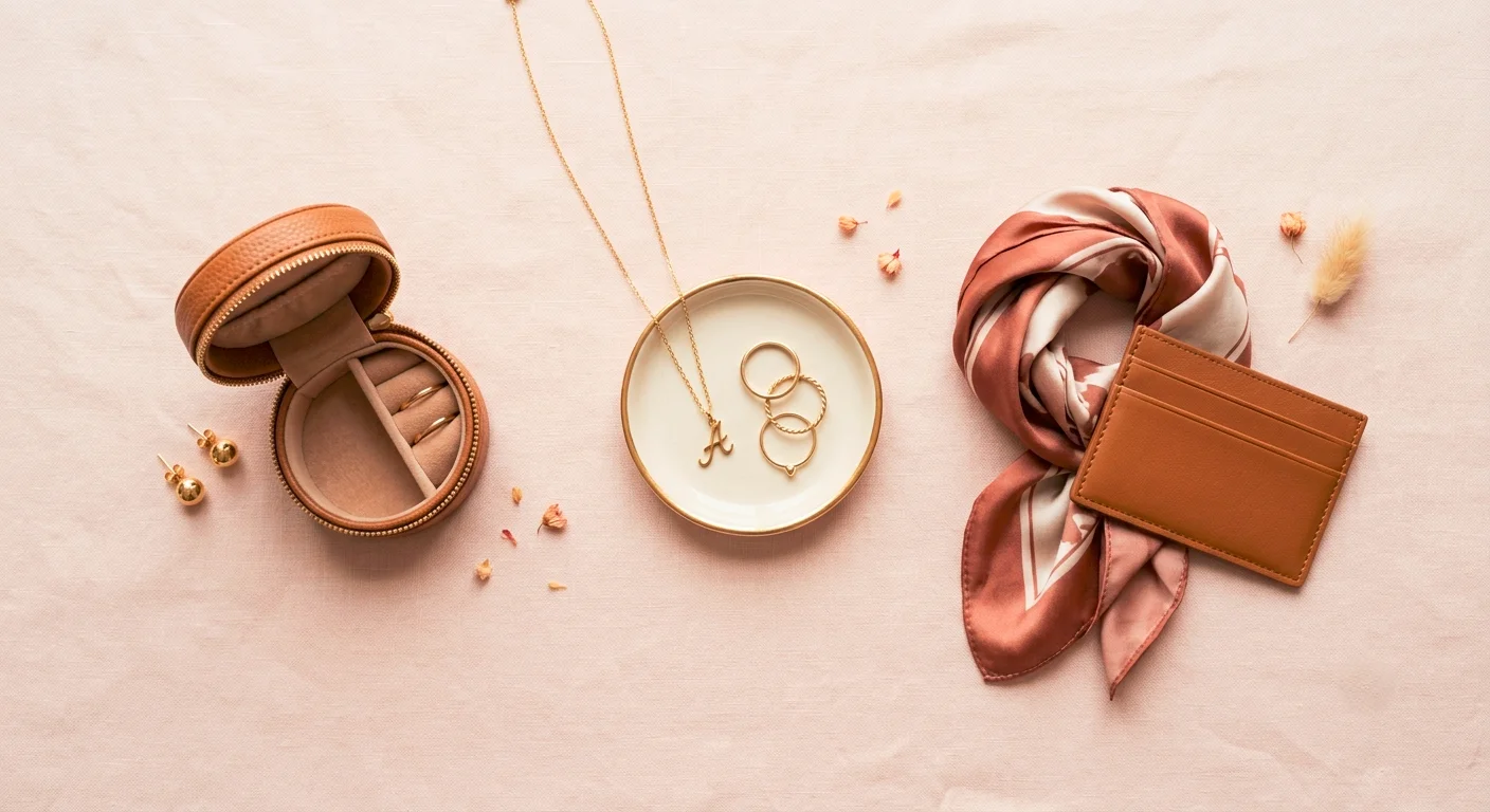 Affordable jewelry gifts under $50 flat lay with stud earrings, initial necklace, stackable ring and satin scarf