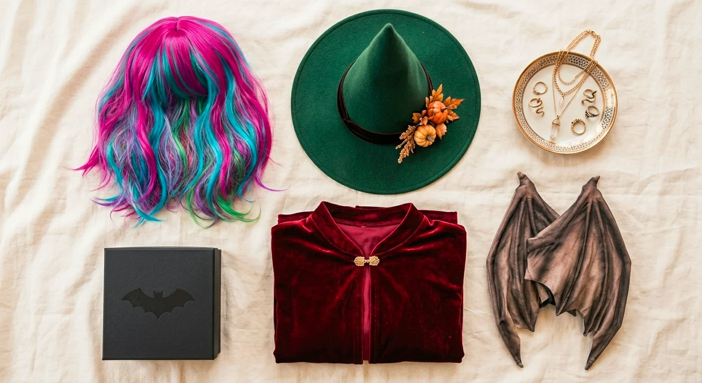 Flat lay of Amazon Halloween costumes women can order, including wigs, hats and capes
