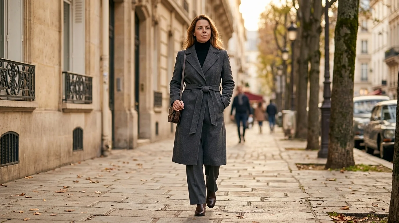 Curvy woman in belted charcoal wool coat with turtleneck and wide-leg trousers, belted wool coat women