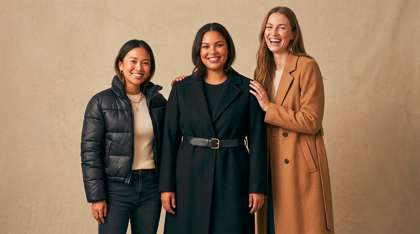 Petite, curvy and tall women wearing flattering coats, best coats for petite, curvy and tall women