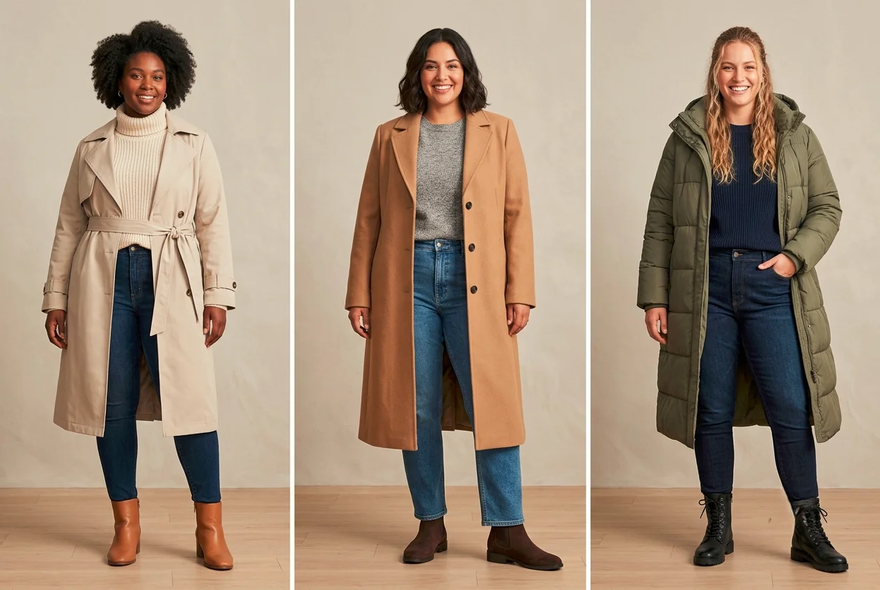 Best plus size coats 2026: trench coat, camel coat and long puffer coat styled for fall