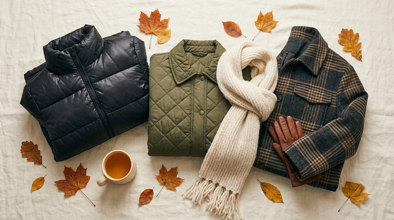Flat lay of affordable winter coats with scarf and gloves, best winter coats for women under $100