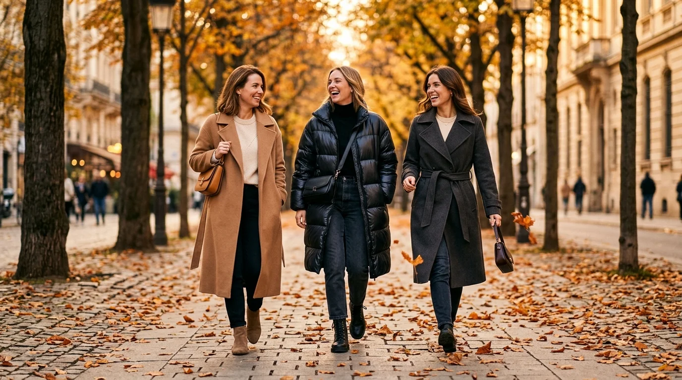 Three women in camel, puffer and belted wool coats walking through autumn leaves, best women's coats 2026