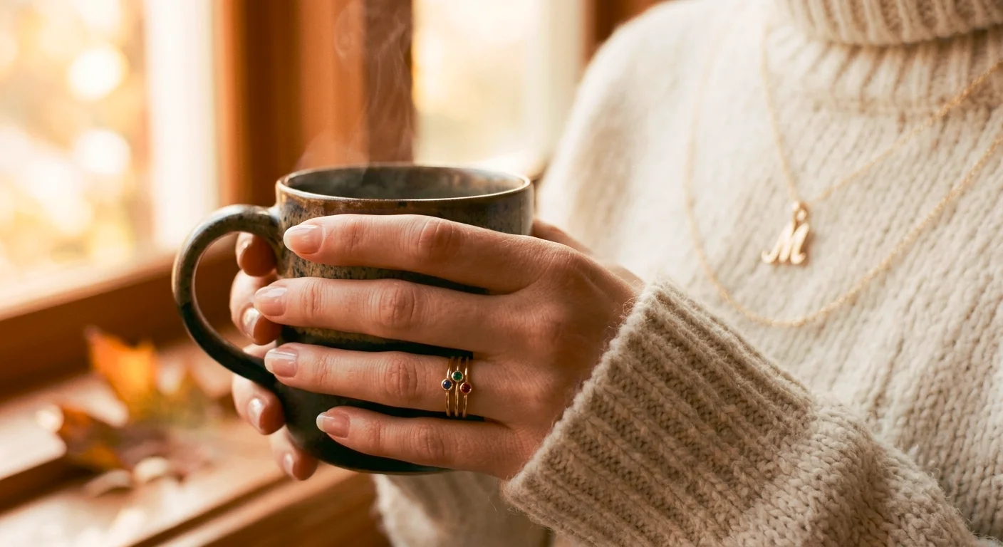 Birthstone ring gift ideas: stackable gold rings with small gemstones on a hand holding a coffee mug