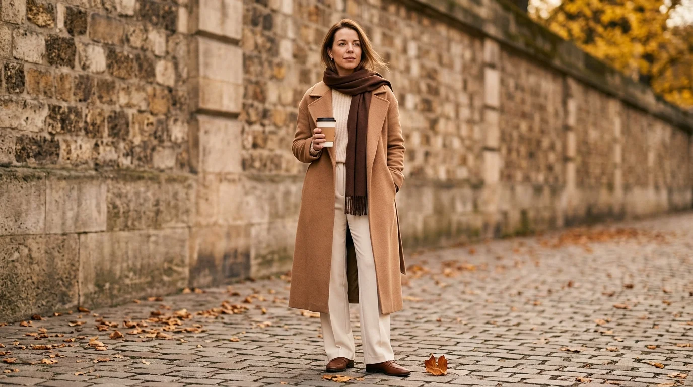 Woman in long camel coat with cream knit and ivory trousers, how to style a camel coat 2026