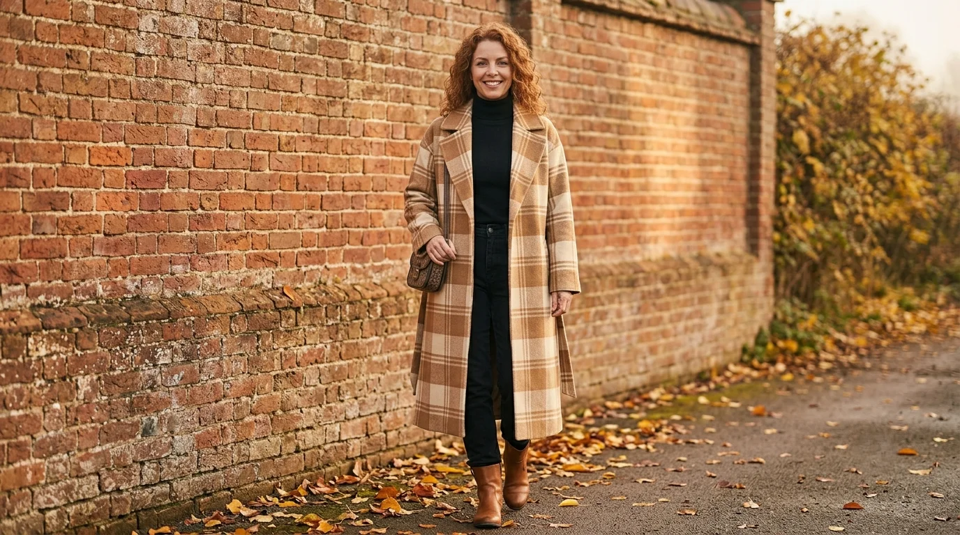 Woman in camel and cream plaid coat over an all-black outfit, checked coat women and plaid coat women style
