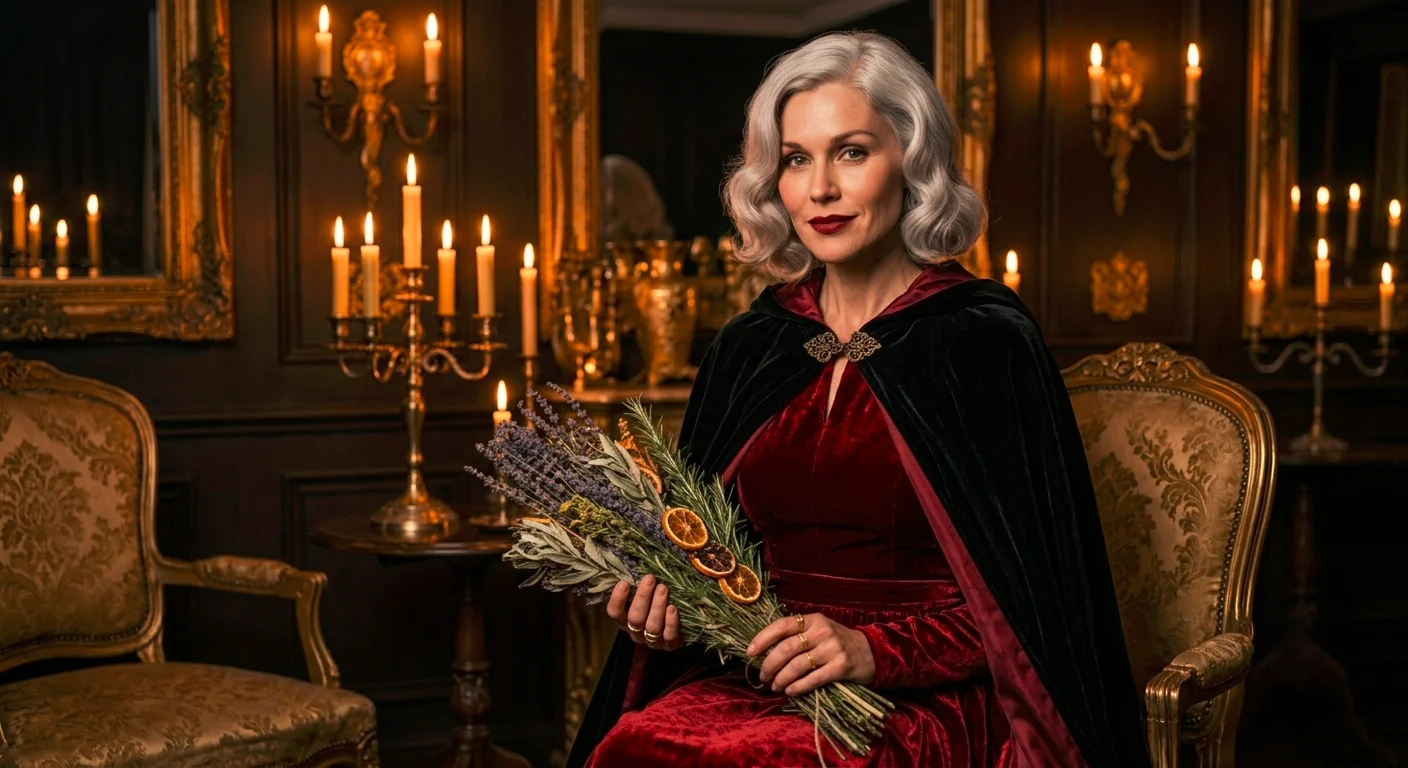 Elegant vampire Halloween costume idea for women in red velvet dress and cape