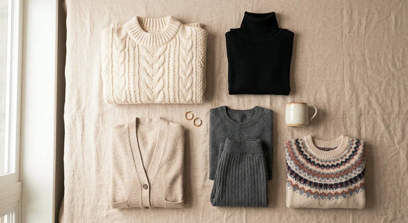 Flat lay of cozy sweaters for women including a cream chunky knit, ribbed turtleneck, longline cardigan and knit set