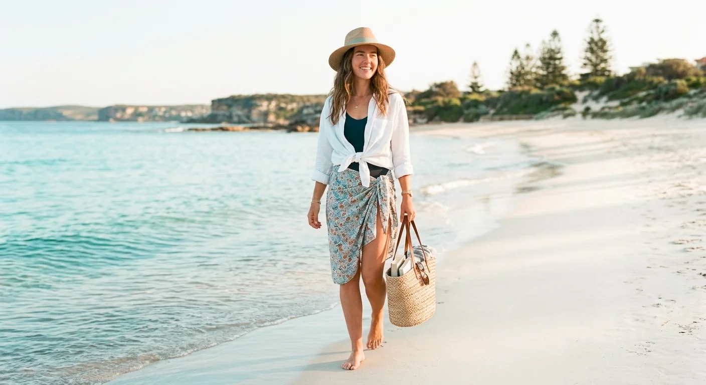 Cute beach cover-up outfits for a beach day in Australia: linen shirt, sarong and crochet kaftan with swimmers