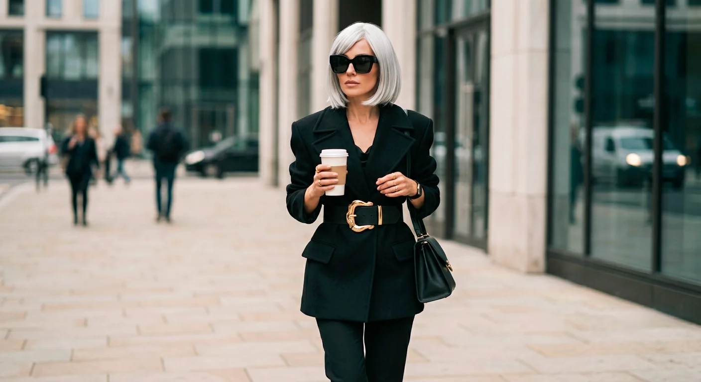Woman in a Devil Wears Prada Halloween costume with silver bob, black coat and sunglasses
