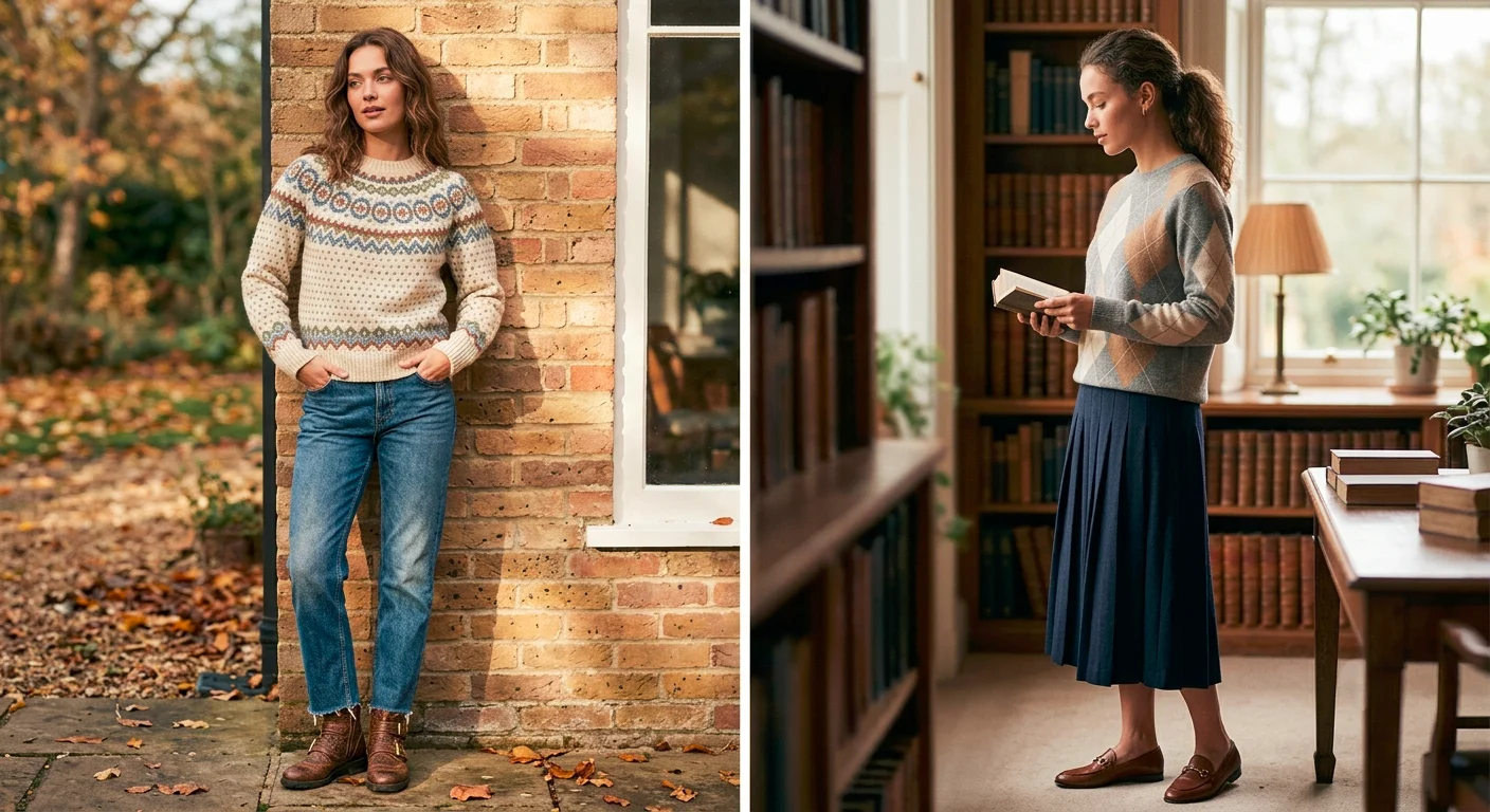 Fair isle sweater women 2026 and argyle sweater women outfits styled with jeans and a pleated skirt