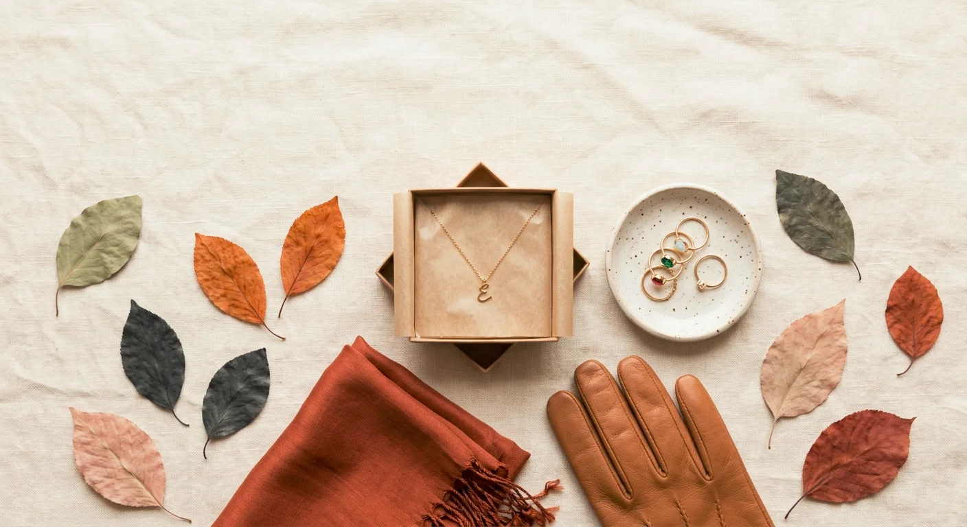 Fall gift ideas for her 2026 flat lay with gold initial necklace, silk scarf, leather gloves and birthstone rings