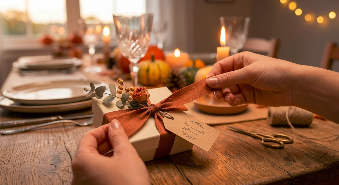 Thoughtful gifts for women wrapped in a cream box with rust ribbon, dried greenery and a handwritten card