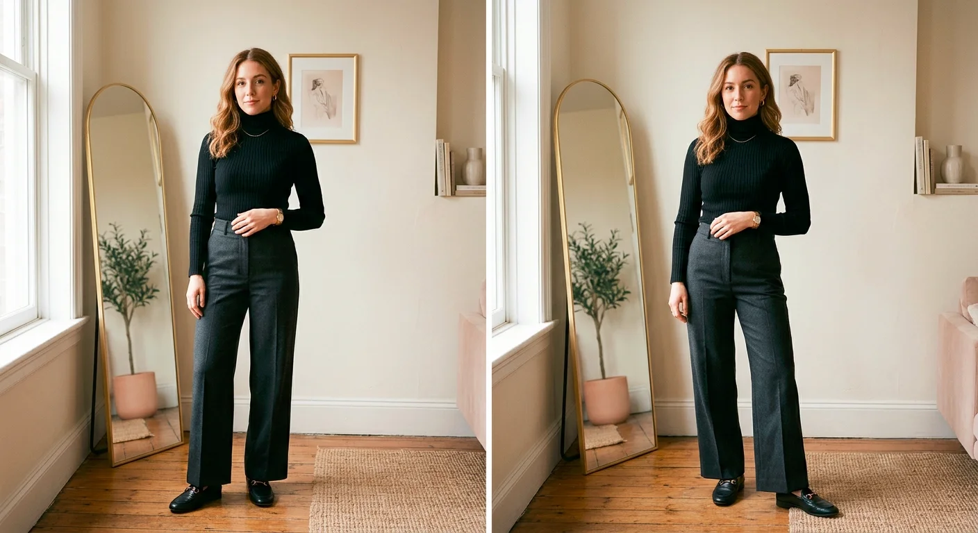Fitted ribbed turtleneck women’s outfit with wide-leg trousers and loafers, a polished roll neck sweater look