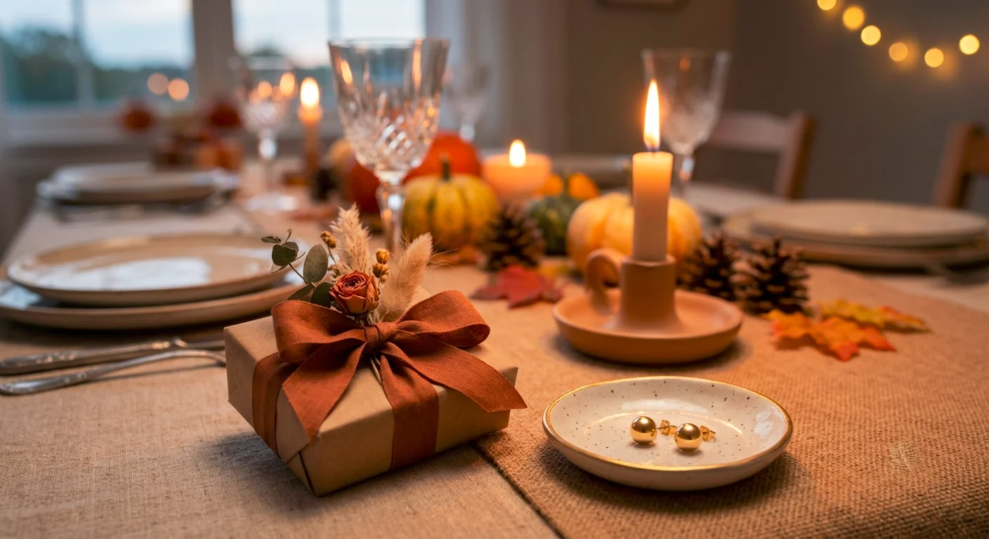 Hostess gift ideas for women: wrapped gift with ring dish and gold earrings on a Thanksgiving table