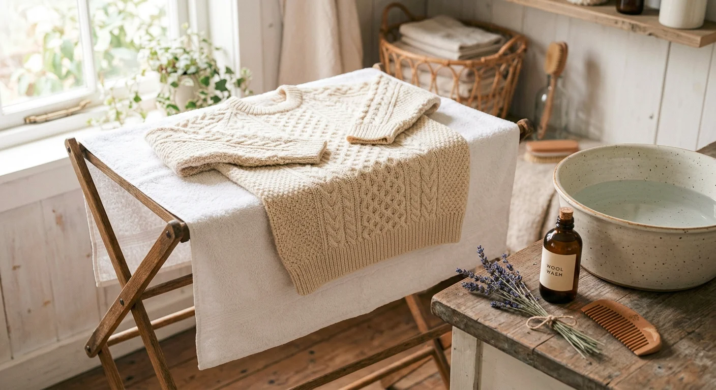 How to wash wool sweaters without shrinking: cream knit sweater drying flat on a white towel at home