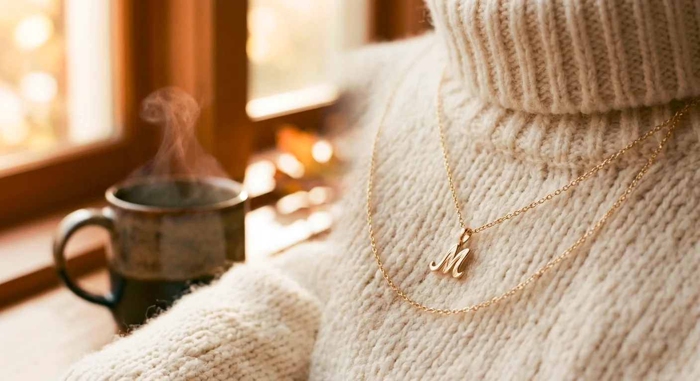 Initial necklace gift with a gold letter pendant on a cream knit sweater, a thoughtful fall gift for her