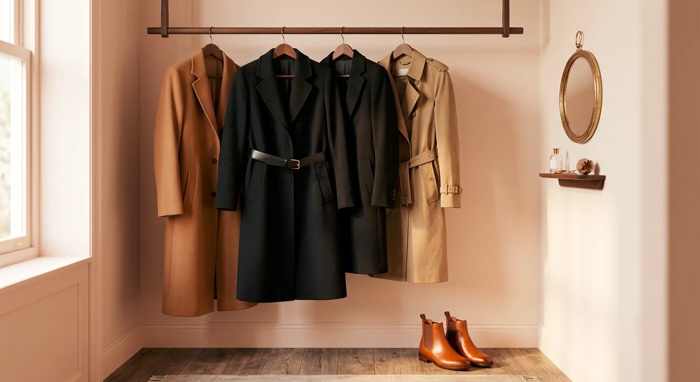Camel, black wool and trench coats hanging in a tidy closet, investment coats worth buying