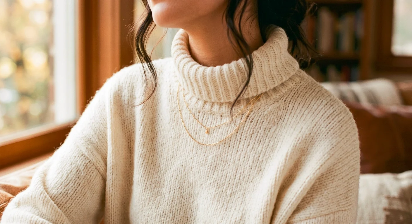 Jewelry gift ideas for women: layered gold necklaces styled with a cream knit sweater for fall